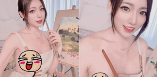 Mặc tạp dề vẽ tranh, nàng hot girl bất ngờ gặp sự cố trang phục, vội vàng “khắc phục”